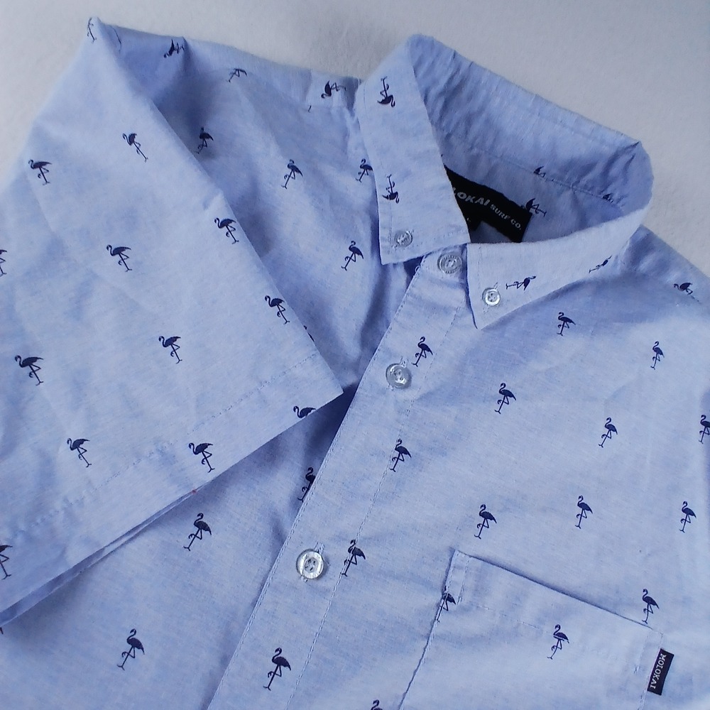 Molokai Surf Co Mens Large Blue Flamingo Print Short Sleeve Button Down Shirt